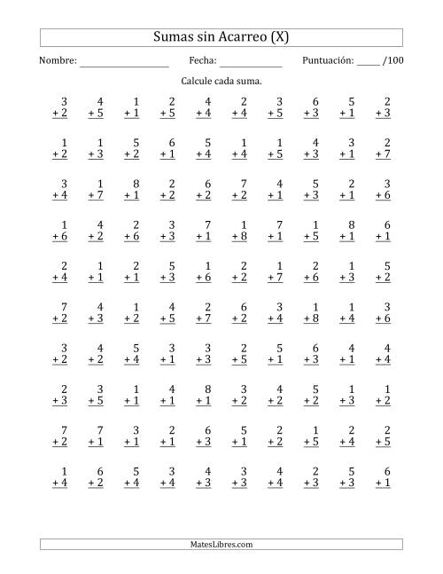 La hoja de ejercicios de 100 Preguntas de Adición de Un Solo Dígito Sin Acarreo (X)