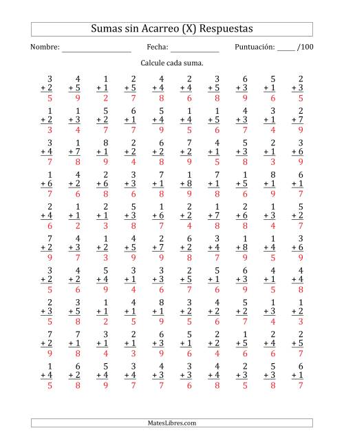 La hoja de ejercicios de 100 Preguntas de Adición de Un Solo Dígito Sin Acarreo (X) Página 2