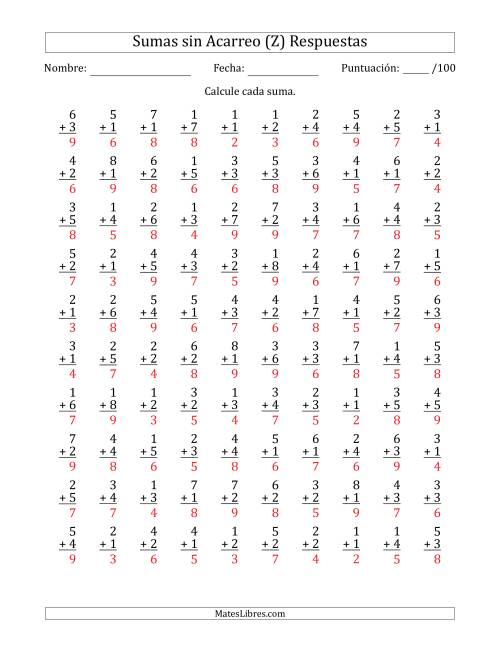 La hoja de ejercicios de 100 Preguntas de Adición de Un Solo Dígito Sin Acarreo (Z) Página 2