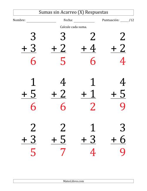 La hoja de ejercicios de 12 Preguntas de Adición de Un Solo Dígito Sin Acarreo (X) Página 2