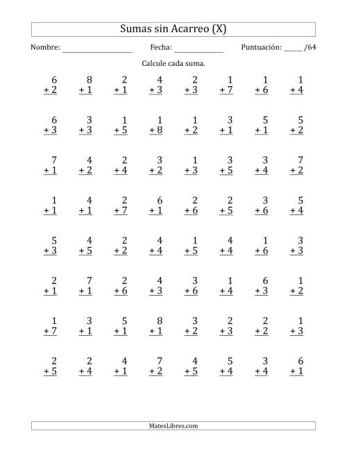 La hoja de ejercicios de 64 Preguntas de Adición de Un Solo Dígito Sin Acarreo (X)