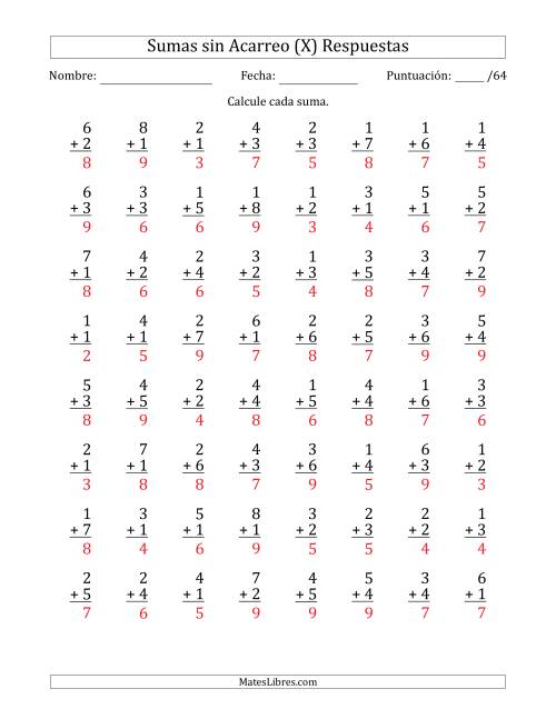 La hoja de ejercicios de 64 Preguntas de Adición de Un Solo Dígito Sin Acarreo (X) Página 2
