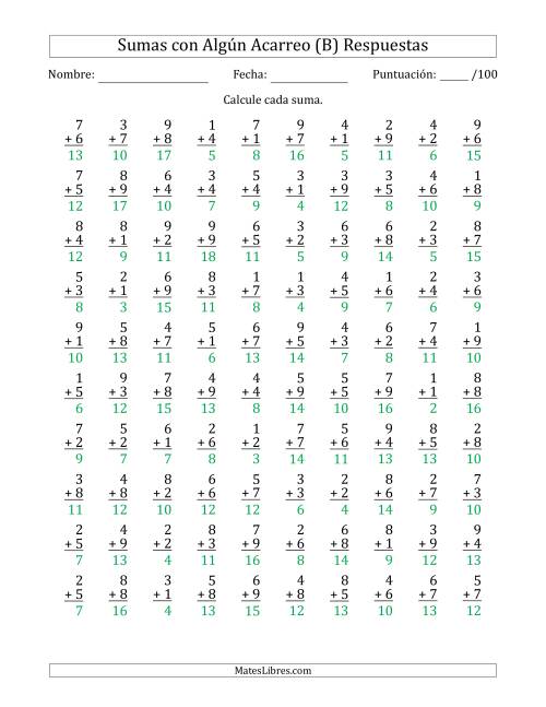 La hoja de ejercicios de 100 Preguntas de Adición de Un Solo Dígito Con Acarreo en Algunas Preguntas (B) Página 2
