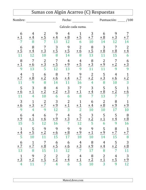 La hoja de ejercicios de 100 Preguntas de Adición de Un Solo Dígito Con Acarreo en Algunas Preguntas (C) Página 2