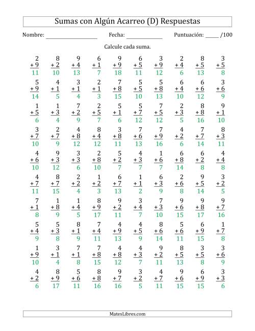 La hoja de ejercicios de 100 Preguntas de Adición de Un Solo Dígito Con Acarreo en Algunas Preguntas (D) Página 2