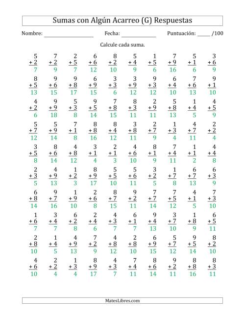 La hoja de ejercicios de 100 Preguntas de Adición de Un Solo Dígito Con Acarreo en Algunas Preguntas (G) Página 2