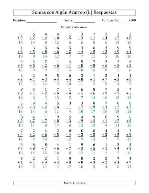 La hoja de ejercicios de 100 Preguntas de Adición de Un Solo Dígito Con Acarreo en Algunas Preguntas (L) Página 2