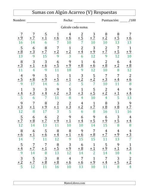 La hoja de ejercicios de 100 Preguntas de Adición de Un Solo Dígito Con Acarreo en Algunas Preguntas (V) Página 2