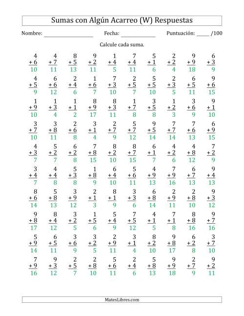 La hoja de ejercicios de 100 Preguntas de Adición de Un Solo Dígito Con Acarreo en Algunas Preguntas (W) Página 2