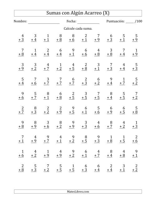 La hoja de ejercicios de 100 Preguntas de Adición de Un Solo Dígito Con Acarreo en Algunas Preguntas (X)
