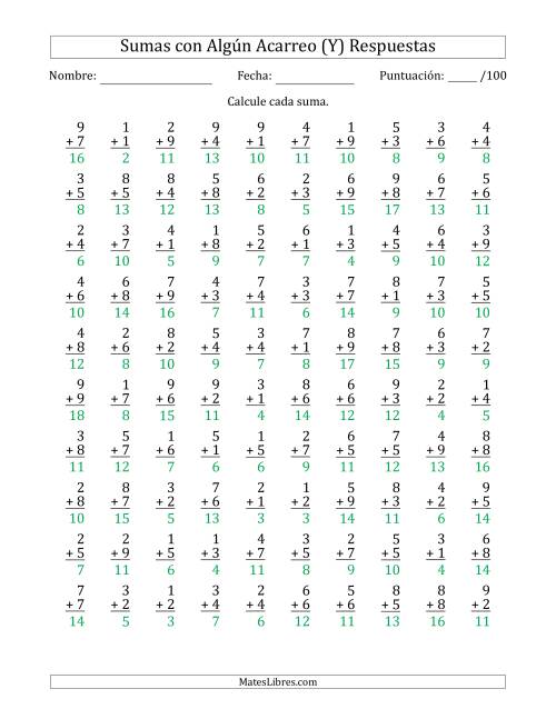 La hoja de ejercicios de 100 Preguntas de Adición de Un Solo Dígito Con Acarreo en Algunas Preguntas (Y) Página 2