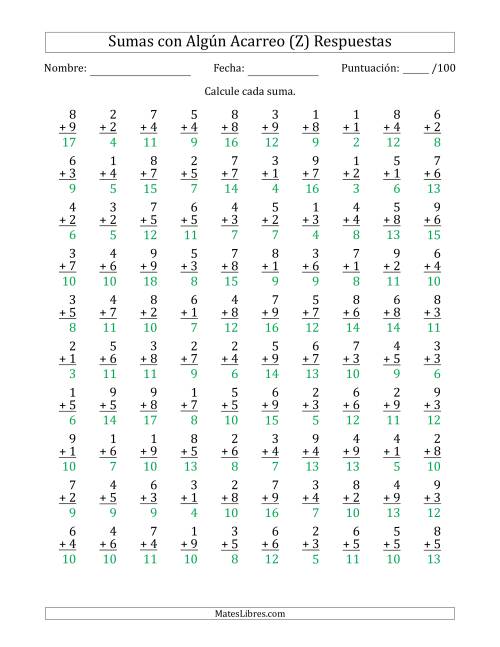 La hoja de ejercicios de 100 Preguntas de Adición de Un Solo Dígito Con Acarreo en Algunas Preguntas (Z) Página 2
