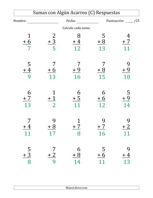 La hoja de ejercicios de 25 Preguntas de Adición de Un Solo Dígito Con Acarreo en Algunas Preguntas (C) Página 2