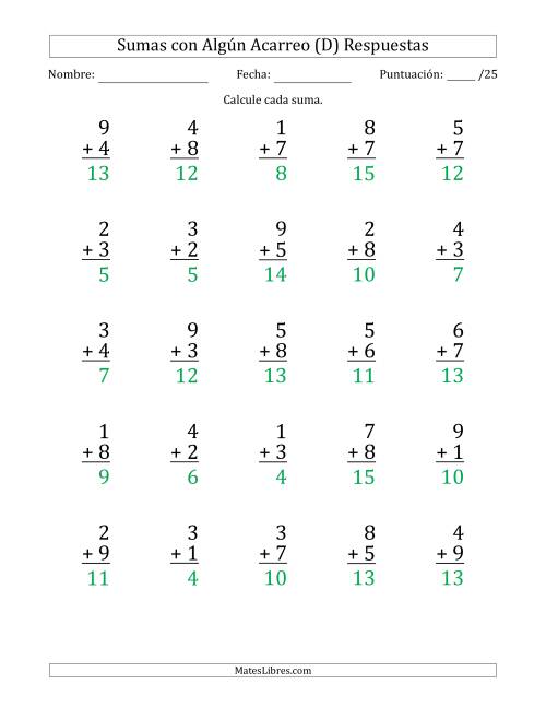 La hoja de ejercicios de 25 Preguntas de Adición de Un Solo Dígito Con Acarreo en Algunas Preguntas (D) Página 2
