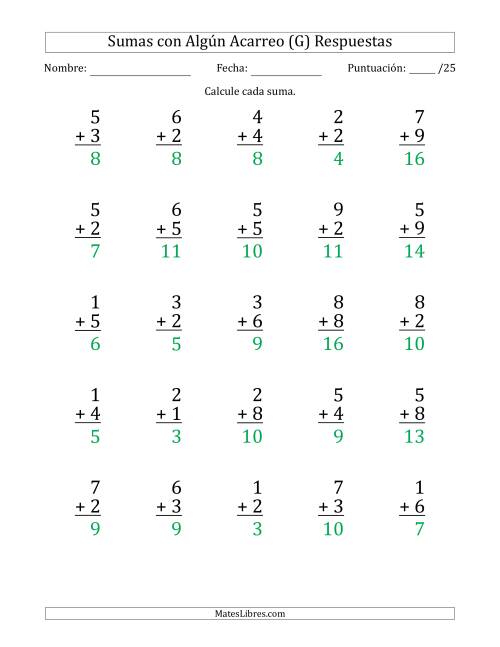 La hoja de ejercicios de 25 Preguntas de Adición de Un Solo Dígito Con Acarreo en Algunas Preguntas (G) Página 2