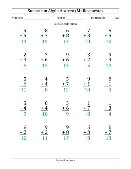 La hoja de ejercicios de 25 Preguntas de Adición de Un Solo Dígito Con Acarreo en Algunas Preguntas (M) Página 2