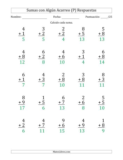 La hoja de ejercicios de 25 Preguntas de Adición de Un Solo Dígito Con Acarreo en Algunas Preguntas (P) Página 2