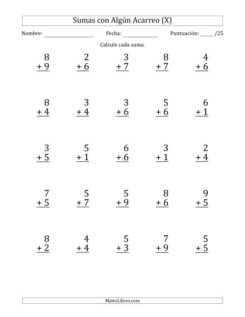 La hoja de ejercicios de 25 Preguntas de Adición de Un Solo Dígito Con Acarreo en Algunas Preguntas (X)