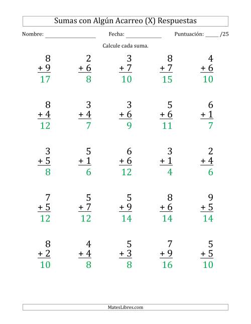 La hoja de ejercicios de 25 Preguntas de Adición de Un Solo Dígito Con Acarreo en Algunas Preguntas (X) Página 2