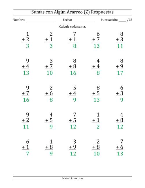 La hoja de ejercicios de 25 Preguntas de Adición de Un Solo Dígito Con Acarreo en Algunas Preguntas (Z) Página 2