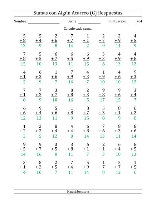 La hoja de ejercicios de 64 Preguntas de Adición de Un Solo Dígito Con Acarreo en Algunas Preguntas (G) Página 2