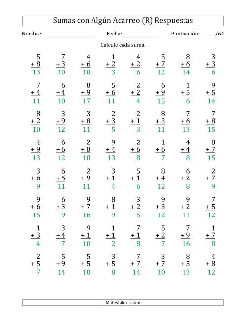 La hoja de ejercicios de 64 Preguntas de Adición de Un Solo Dígito Con Acarreo en Algunas Preguntas (R) Página 2