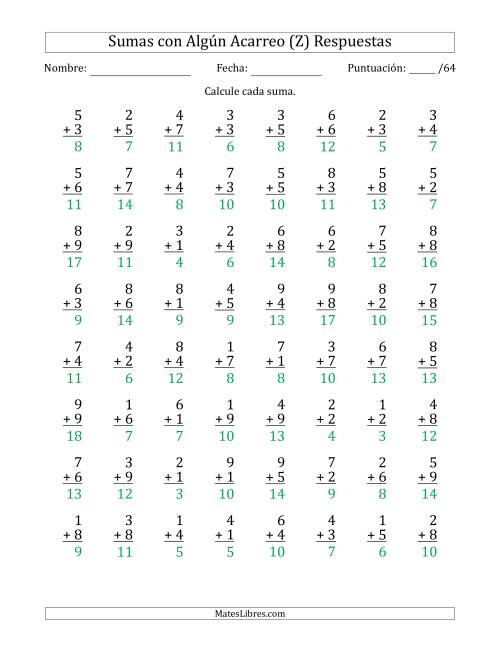 La hoja de ejercicios de 64 Preguntas de Adición de Un Solo Dígito Con Acarreo en Algunas Preguntas (Z) Página 2