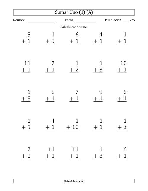 La hoja de ejercicios de Sumar Uno (1) con Adendos de 1 a 11 (25 Preguntas) (A)