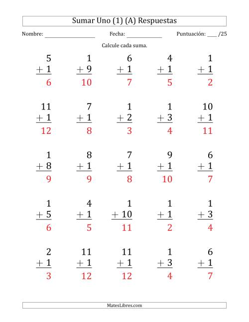 La hoja de ejercicios de Sumar Uno (1) con Adendos de 1 a 11 (25 Preguntas) (A) Página 2