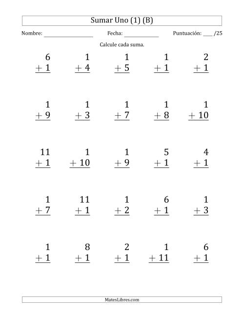 La hoja de ejercicios de Sumar Uno (1) con Adendos de 1 a 11 (25 Preguntas) (B)