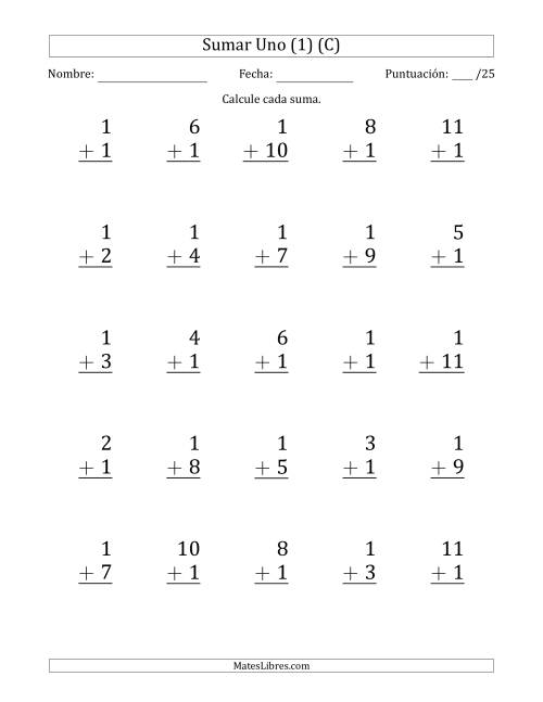 La hoja de ejercicios de Sumar Uno (1) con Adendos de 1 a 11 (25 Preguntas) (C)