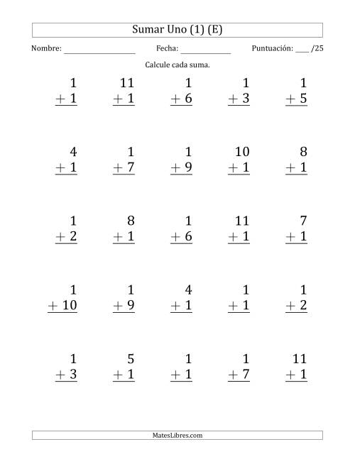 La hoja de ejercicios de Sumar Uno (1) con Adendos de 1 a 11 (25 Preguntas) (E)