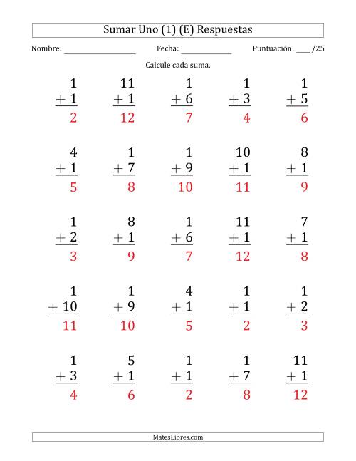 La hoja de ejercicios de Sumar Uno (1) con Adendos de 1 a 11 (25 Preguntas) (E) Página 2