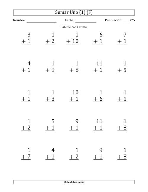 La hoja de ejercicios de Sumar Uno (1) con Adendos de 1 a 11 (25 Preguntas) (F)