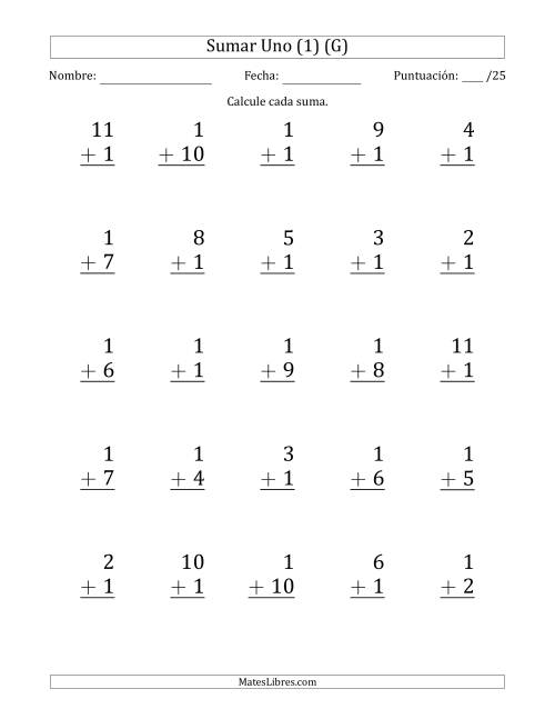 La hoja de ejercicios de Sumar Uno (1) con Adendos de 1 a 11 (25 Preguntas) (G)