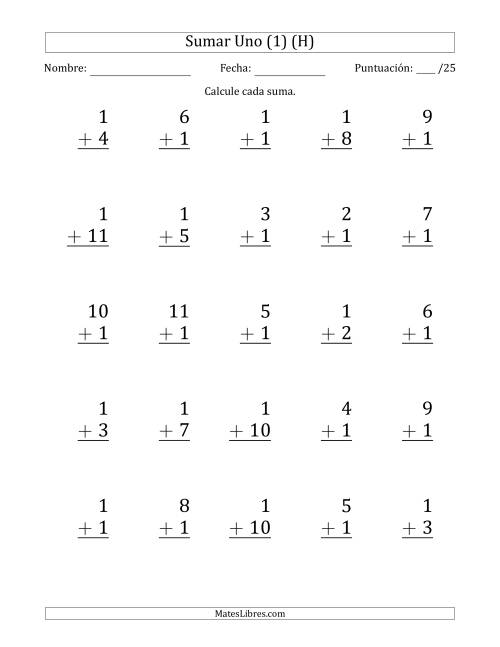 La hoja de ejercicios de Sumar Uno (1) con Adendos de 1 a 11 (25 Preguntas) (H)