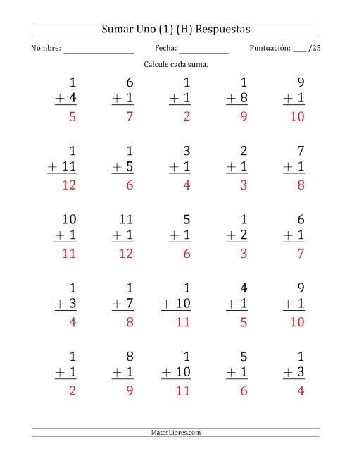 La hoja de ejercicios de Sumar Uno (1) con Adendos de 1 a 11 (25 Preguntas) (H) Página 2
