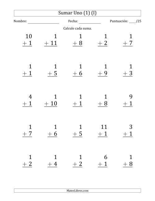 La hoja de ejercicios de Sumar Uno (1) con Adendos de 1 a 11 (25 Preguntas) (I)