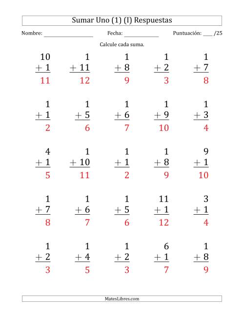 La hoja de ejercicios de Sumar Uno (1) con Adendos de 1 a 11 (25 Preguntas) (I) Página 2