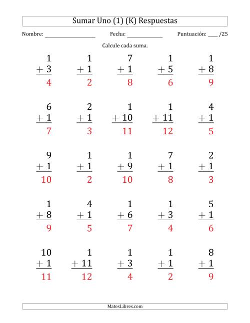 La hoja de ejercicios de Sumar Uno (1) con Adendos de 1 a 11 (25 Preguntas) (K) Página 2