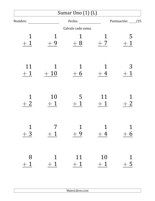 La hoja de ejercicios de Sumar Uno (1) con Adendos de 1 a 11 (25 Preguntas) (L)