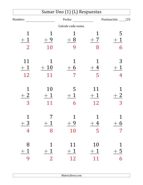 La hoja de ejercicios de Sumar Uno (1) con Adendos de 1 a 11 (25 Preguntas) (L) Página 2