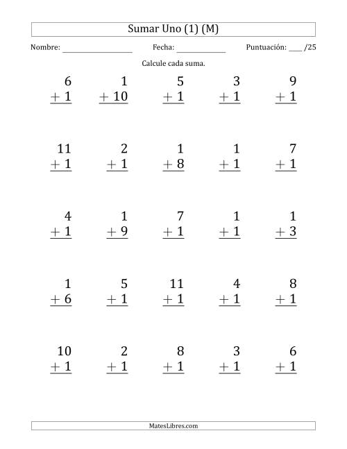 La hoja de ejercicios de Sumar Uno (1) con Adendos de 1 a 11 (25 Preguntas) (M)