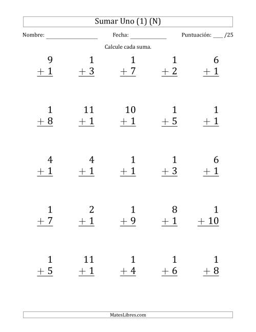 La hoja de ejercicios de Sumar Uno (1) con Adendos de 1 a 11 (25 Preguntas) (N)