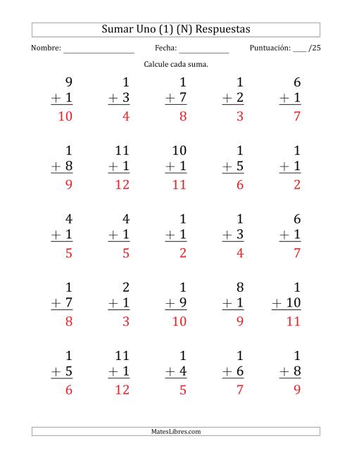 La hoja de ejercicios de Sumar Uno (1) con Adendos de 1 a 11 (25 Preguntas) (N) Página 2