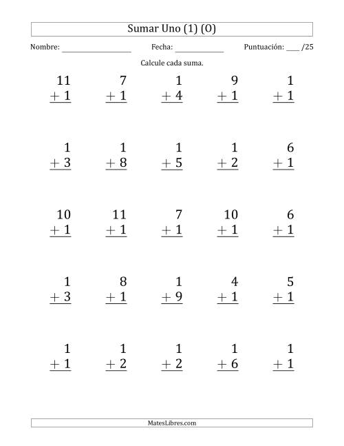 La hoja de ejercicios de Sumar Uno (1) con Adendos de 1 a 11 (25 Preguntas) (O)