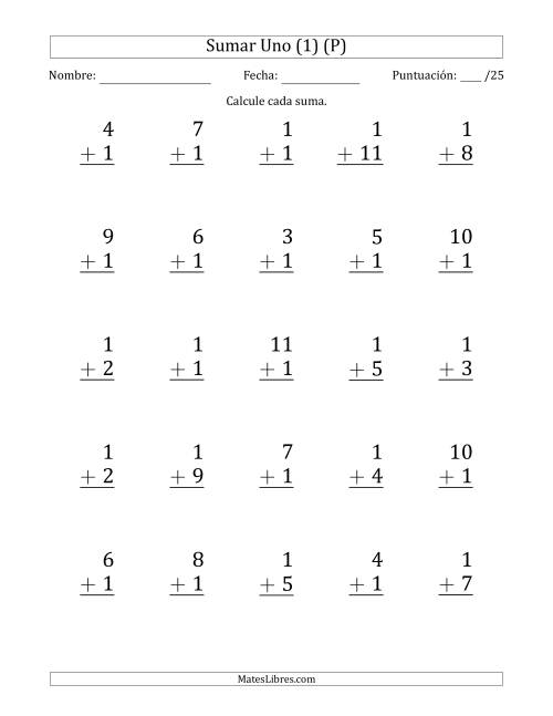 La hoja de ejercicios de Sumar Uno (1) con Adendos de 1 a 11 (25 Preguntas) (P)
