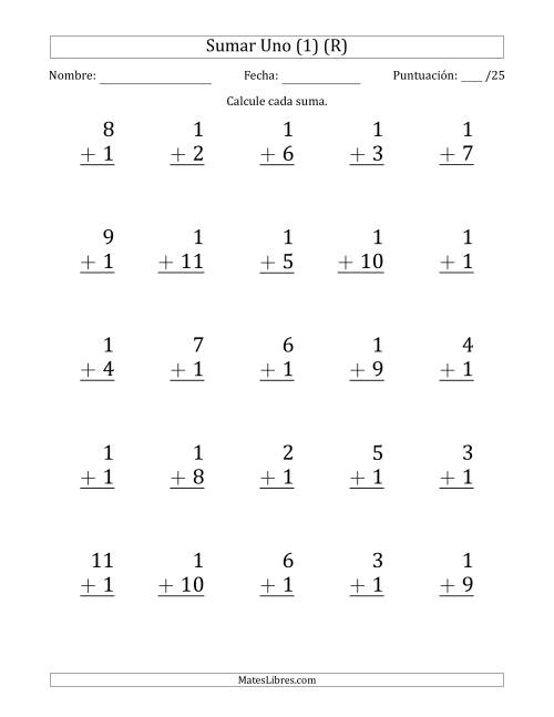 La hoja de ejercicios de Sumar Uno (1) con Adendos de 1 a 11 (25 Preguntas) (R)
