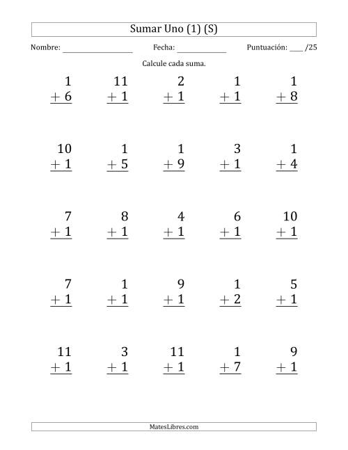 La hoja de ejercicios de Sumar Uno (1) con Adendos de 1 a 11 (25 Preguntas) (S)