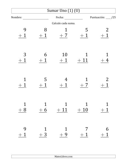 La hoja de ejercicios de Sumar Uno (1) con Adendos de 1 a 11 (25 Preguntas) (U)
